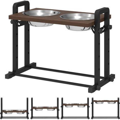 Support pour gamelles de chien avec 4 gamelles réglables en hauteur, 2 gamelles en acier inoxydable de 1,2 L, 3 angles d'inclinaison, marron