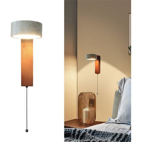 Applique murale LED en bois avec interrupteur à fermeture éclair, base en noyer noir, abat-jour rotatif en travertin jaune, et rustique, convient aux chambres, salons et couloirs. (1/5)