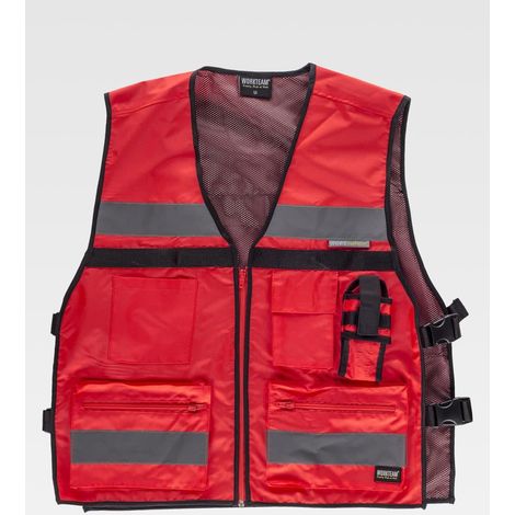 Chaleco de alta visibilidad en tejido Oxford con ajustes laterales WORKTEAM C3601  Rojo A.V.