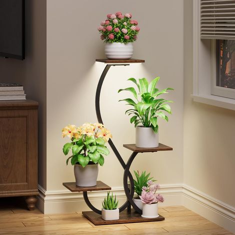 Support pour plantes d'intérieur avec lampes de croissance – Étagère d'angle en forme de S pour la culture en intérieur, support de fleurs en métal de 81,3 cm, 4 étagères décoratives pour la (1/5)
