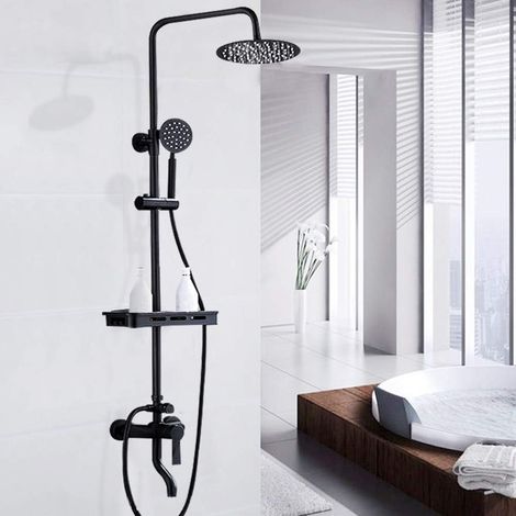 Colonne de douche 8" rétro en acier inoxydable avec étagère et douchette à main en laiton pour douche, salle de bain, noir (1/5)