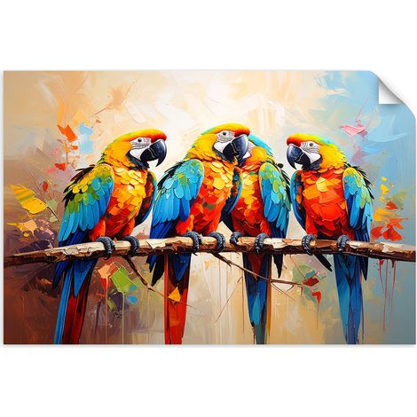Selbstklebendes Poster – Wandsticker Bunte Papageien Vögel auf einem Ast 60x40 cm