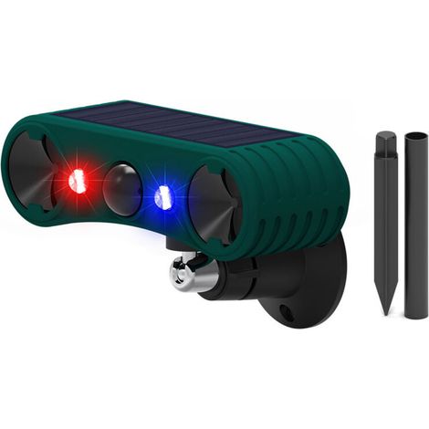 Solar-powered ultrasonic sound and light alarm, 4 adjustable modes, red and blue strobe lights, outdoor pet deterrent for home use (1/5)