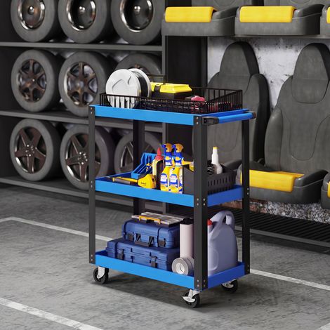 Chariot à outils à 3 étagères, avec roues et poignées, idéal pour garage, atelier, maison. Capacité de charge : 120 kg. Coloris : bleu et noir. (1/5)