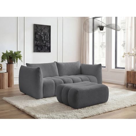 BOBOCHIC - Canapé droit fixe 3 places AZRA tissu bouclette avec pouf   Gris foncé