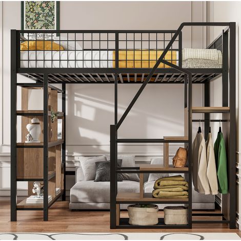 Letto a soppalco 140x200 cm nero metallo e legno con scala contenitore (1/5)