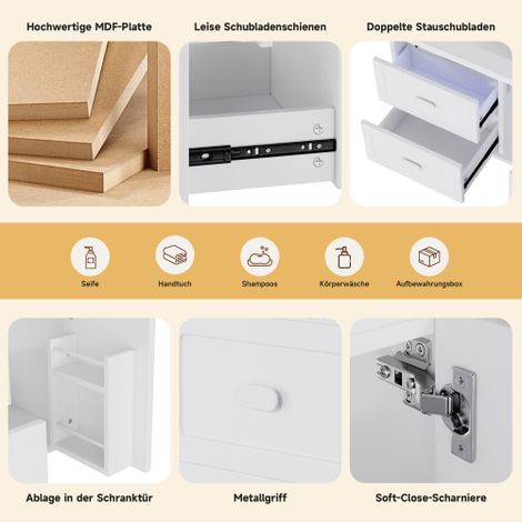 Lavabo intégré blanc – Meuble suspendu de salle de bain entièrement laqué, éclairage LED à détecteur radar, deux tiroirs silencieux, dimensions 76 x 46 x 51 cm – Modernité et fonctionnalité (1/5)