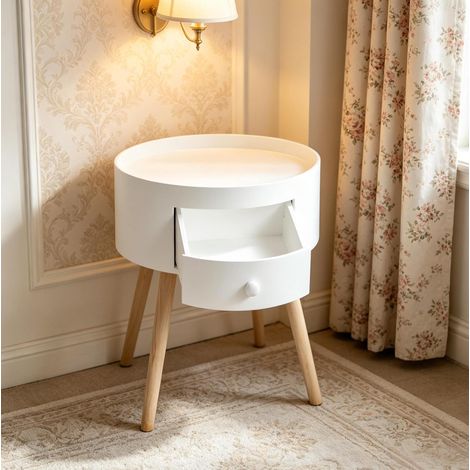 Table de chevet ronde 38x38x45 cm en MDF et bois blanc, avec rangement pour chambre FloraGrace (1/5)