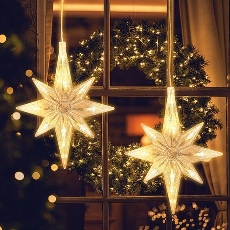 Set of 2 LED suction cup window string lights, hanging LED curtain lights, perfect for Christmas, in the shape of the North Star. (1/5)