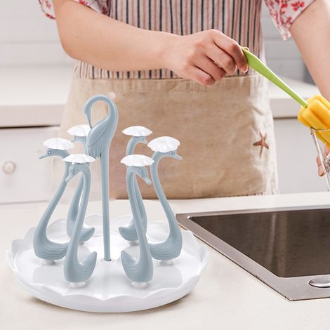 Porte-gobelets rotatif cygne créatif, égouttoir en plastique, plateau porte-gobelets en verre, porte-gobelets anti-poussière pour la maison, bleu, porte-gobelets rotatif cygne à 6 têtes (1/5)