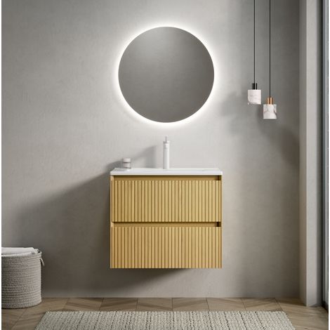 Meuble lave-mains suspendu 61 cm en céramique et contreplaqué chêne doré et blanc, 2 tiroirs (1/5)
