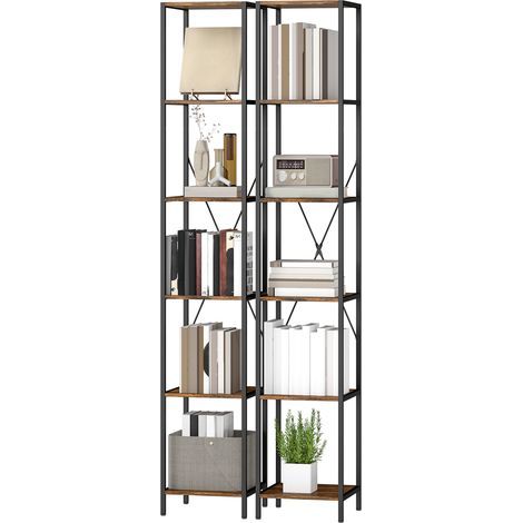 Ensemble de 2 étagères à 6 niveaux, structure en acier, pour salon, bureau, chambre, marron rustique (1/5)