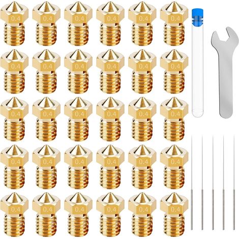 30 Buses d'imprimante 3D, Laiton 0.4mm, Filetage M6, Compatible E3D V5-V6, Kit avec aiguilles de nettoyage (1/5)