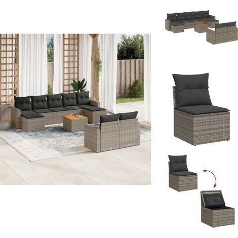 Salon de jardin avec coussins 10 pcs gris résine tressée - Salon De Jardin - Mobilier Extérieur - Set Salon - Résine Tressée - Rotin Synthétique (1/5)