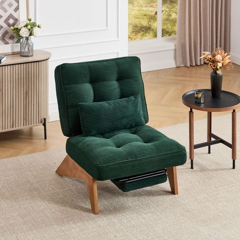 Fauteuil lounge moderne réglable sans dossier en tissu avec repose-pieds, coussin lombaire et pieds en bois pour salon/chambre/bureau (velours côtelé vert foncé) (1/5)