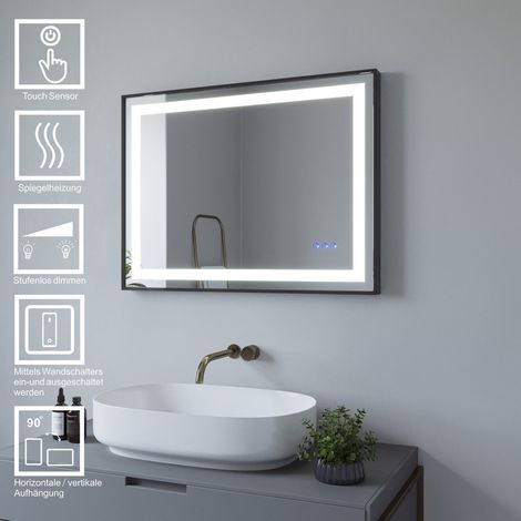 LED Lichtspiegel Badezimmerspiegel mit Beleuchtung Bad Spiegel 80x60 cm 2 Lichtfarbe Touch Beschlagfrei Dimmbar Wandspiegel Slimline Design schwarz Rahmen (1/5)