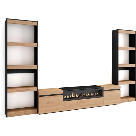 Skraut Home - Muebles de Salón para TV, Conjunto de muebles comedor, 320x186x35cm, Para TV hasta 80", Chimenea eléctrica, Estilo Moderno, Roble y negro