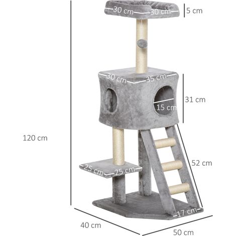 Arbre à chat 120 cm gris clair, arbre à grimper multi-niveaux avec grotte, balle de jeu, poteaux en sisal, plateforme, escaliers, espace de jeu pour chat. (1/5)