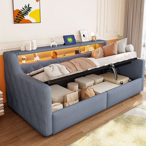 Banquette-lit 90 × 200 cm avec bande lumineuse LED, rangement hydraulique, matelas non inclus, ports USB et Type-C, revêtement en lin gris. (1/5)