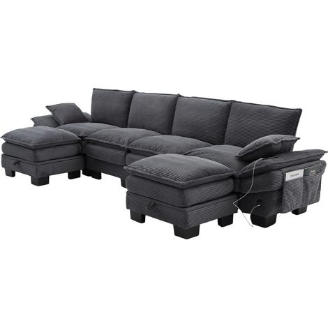 ELVMI Modulares Sofa 4-Sitzer aus Cord mit USB-C-Anschluss und Seitentaschen, Dunkelgrau (1/5)