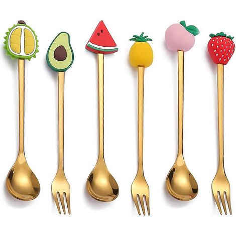 Mélange de cuillères et fourchettes pour desserts aux fruits, 3 cuillères doseuses et 3 fourchettes (6,2 pouces, couleur or) (1/5)