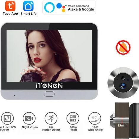 Tuya Smart sans fil 2.4G WIFI vidéo porte Peepholes avec caméra 1080P sécurité maison unidirectionnelle Audio numérique porte caméra,Silver(Alexa) (1/5)