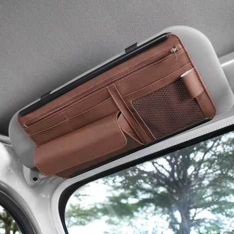 Organizer für die Sonnenblende im Auto, Leder-Kartenhalter, Stifthalter, Brillenhalter, Dokumentenorganizer, passend für die meisten Pkw, SUVs und LKWs (braun).