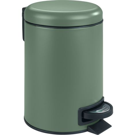 WENKO Poubelle à pédale Leman, Petite Poubelle Salle de Bain, Capacité 3L, Acier, 17x25x22.5 cm, Vert foncé mat