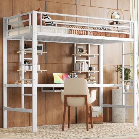 Lit mezzanine 90x200 cm cadre de lit en métal, lit en fer forgé, avec bureau et deux étagères blanc(sans matelas) (1/5)