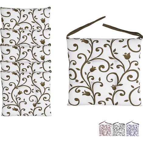 Set 6 cuscini per sedie a 4 punti con lacci - Misura 40x40 cm - Imbottitura in poliestere e rivestimento in cotone e poliestere - bianco con Fantasia Fiori Sabbia (1/4)