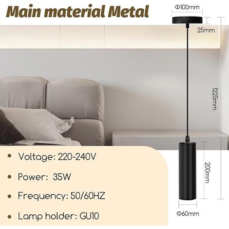 Suspension noire, Suspension en fer. Plafonnier cylindrique. Compatible avec GU10. (1/4)