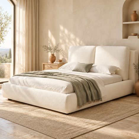 Letto matrimoniale 160x200 cm in tessuto bouclé beige con contenitore, senza materasso – MEUBLIV (1/5)