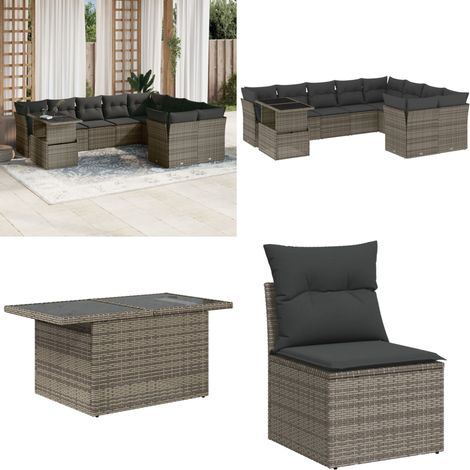 10-tlg. Garten-Sofagarnitur mit Kissen Grau Poly Rattan - Gartensorte - Outdoor Möbel - Lounge Set - Gartenlounge - Rattan Sofa - Home & Living (1/5)