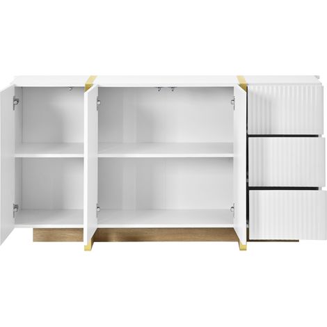 Aparador blanco de 140 cm con 3 puertas, 3 cajones, acabados dorados y base efecto madera (1/5)