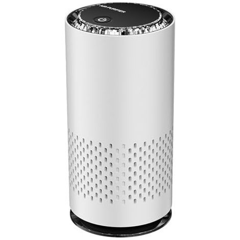Tragbarer Luftreiniger für das Auto mit ionischer Negativtechnologie, vierfacher Filterung, geräuschloser Funktion und 360°-Luftfluss (weiß). Abmessungen: 15,2 x 6,8 x 6,8 cm (1/5)