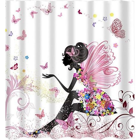 JSSEVN - Raincoat curtain with rings, pink flower pattern, 180x180cm (1/5)