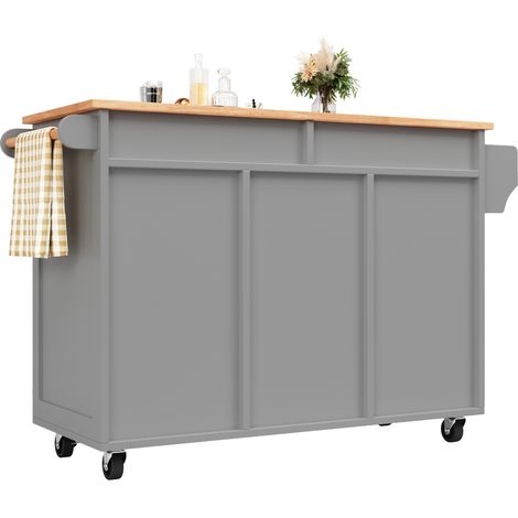 Îlot de cuisine gris avec rangements modulables, plateau MDF effet bois, roulettes 360°, servante multifonction pour salle à manger et cuisine CHICFURN