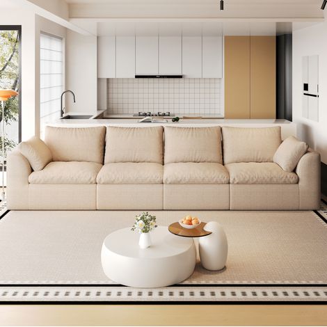 Divano lineare 4 posti 310x90x85 cm in lino kaki, schiuma ad alta elasticità - MEUBLIV (1/5)