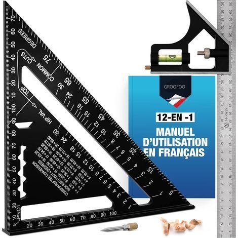 Equerre Menuisier (Set de 2) - Kit Complet Équerres de Charpentier 12-EN-1 - Équerre Trusquin Metal 185mm + Outils de Traçage 300mm - Equerres Multifonctionnels pour Bricolage Outillage (1/5)