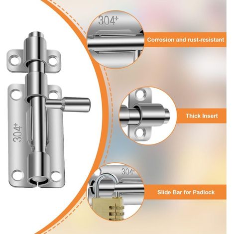 Door Latch, 2 Pieces 304 Stainless Steel Exterior Door Bolt, Exterior Door Lock, Stainless Steel Sliding Door Latch, for Warehouse Garage Barn Gate Yard Door (Silver) (1/5)