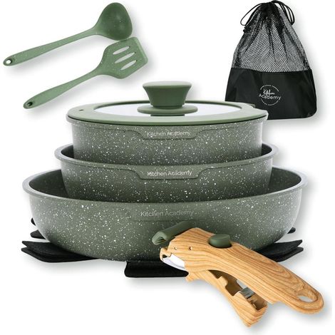 Set de casseroles et poêles 10 pièces avec poignée amovible, antiadhésif, induction, vert (1/5)