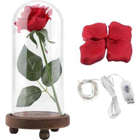 Rose LED - Dôme en Verre - Base en Bois - Décoration Romantique pour Mariage et Saint-Valentin - 1 Pièce (1/5)
