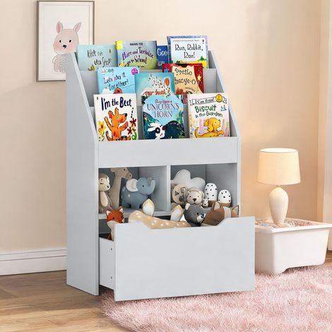 Bibliothèque enfant 3 étagères 2 niches tiroir MDF gris 90 cm (1/5)
