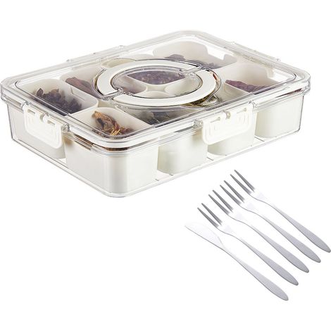 Boîte à snack compartimentée, plateau de service transparent avec couvercle et poignée, conteneur de rangement pour fruits, bonbons et légumes, organisateur de buffet apéritif. (1/5)