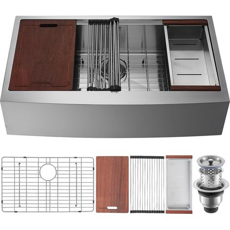 Évier Cuisine de Style Campagnard Évier à Encastrer en Acier Inoxydable 304 Une Cuve avec Planche à Découper Égouttoir Filtre Drainage Rapide pour Préparation Cuisine Maison 84 x 56 x 23 cm (1/5)