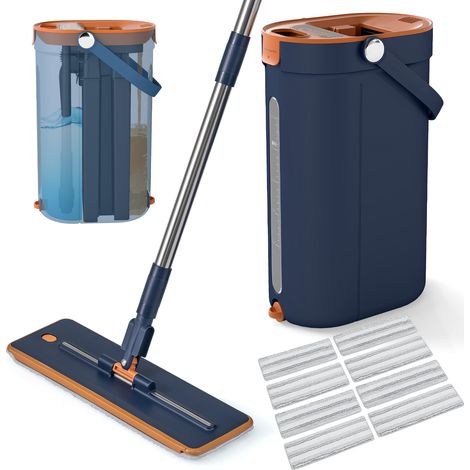 COSTWAY Mop & Bucket Set 3-Tank Flat Floor Mop & Bucket System w/Wringer-Navy (1/5)