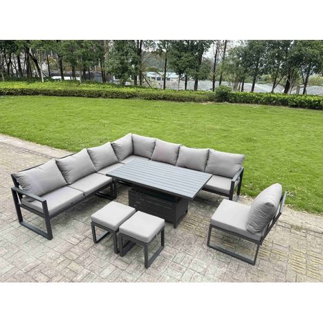 Fimous 9 Pieces Aluminium Garden Furniture Set with Cushions, Patio Furniture Set with Adjustable Rising Lifting Dining Table 2 Small Footstools Dark Grey (1/5)