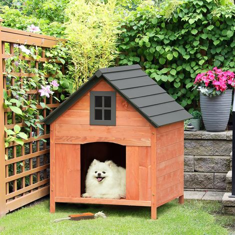 Casetta Rialzata per Cani fino a 15 kg, Cuccia per Cani Gatti da Esterno in Legno di Abete, 81.3x91.5x98.5 cm