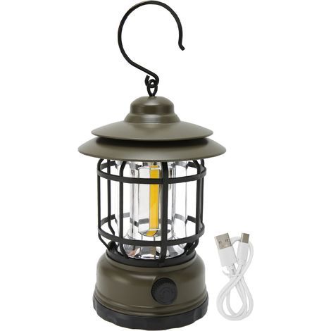 Vintage Campinglaterne IPX4 wasserdicht, Augenschutz, USB-aufladbar, dekorative tragbare COB-Zeltlampe mit Haken, Grün (1/5)