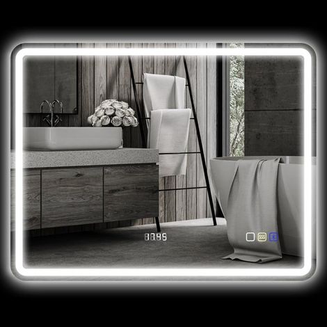 Miroir de salle de bain lumineux 70x90 cm, miroir mural LED avec fonction musique Bluetooth, horloge, interrupteur tactile, fonction mémoire, éclairage antibuée et 3 couleurs de lumière argentées. (1/5)